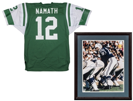 Lot of (2) Joe Namath Signed New York Jets Home Jersey & Johnny Unitas Signed Baltimore Colts Action Photo In 22 x 26 Framed Display (JSA & Beckett)